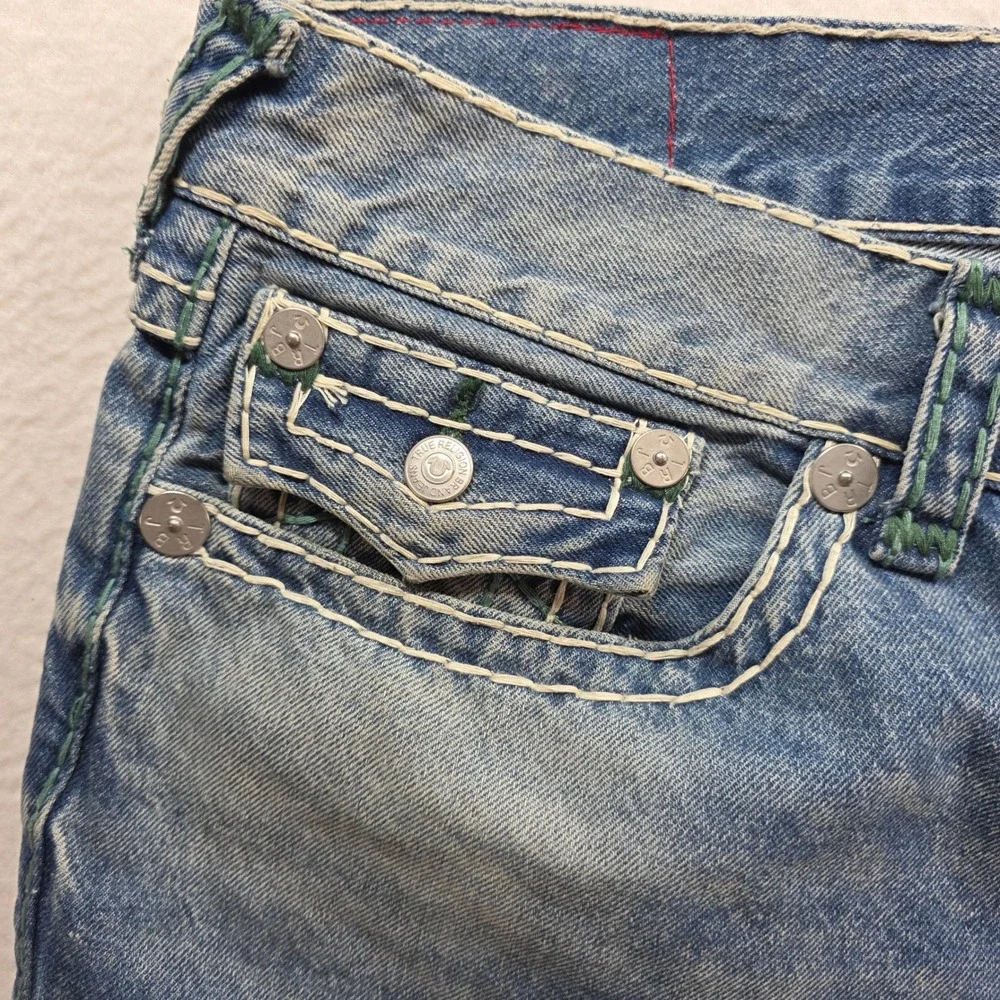 True Religion Ricky Relaxed Straight Men 42 Blue Super‎ T Stitch Acid Wash Jeans
